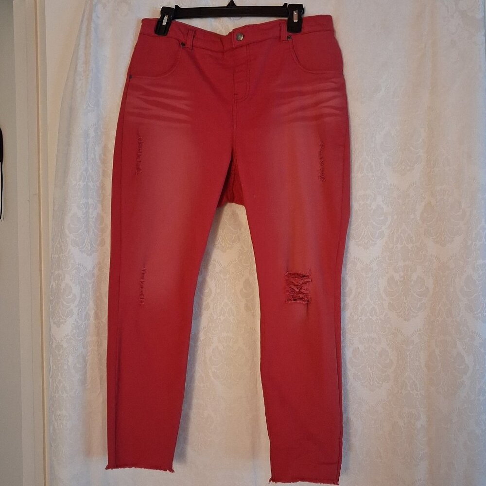Soft, faded-Look Red Destructed Pull-On Jeans